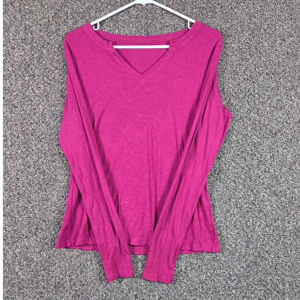 AKEWEI Long Sleeve Top Womens Large Magenta Pink Ribbed Knit Split V-Neck Shirt